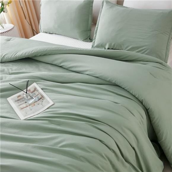 Comforter Full Size Set Sage Green,3 Pieces Lightweight Bed Comforter Full,Solid - Picture 6 of 8